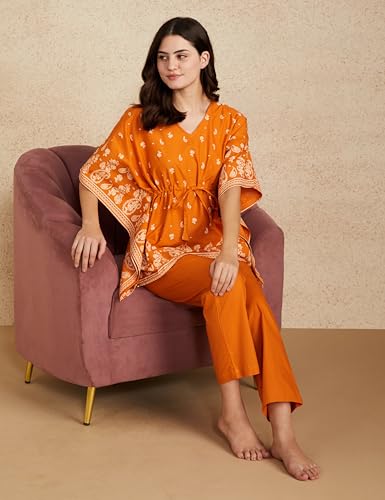 Image of Amazon Brand - Myx Women's Cotton Kaftan Top and Pajama Night Suit Set (Available in Plus Sizes)