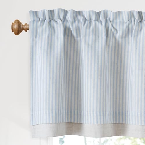 NICETOWN 2 Layers Kitchen Valance Curtains for Windows Light Blue Elegant Striped Linen Textured Farmhouse Privacy Protection Window Treatment for Living Room 52x18 1 Panel