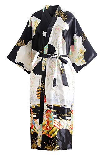 YAOMEI Novia Mujer Vestido Kimono Satén, Camisón para Mujer, Sedoso Flores de Geisha Robe Albornoz Dama de Honor Ropa de Dormir Pijama, S-2XL (Busto: 126cm, de S a 2XL., Negro)