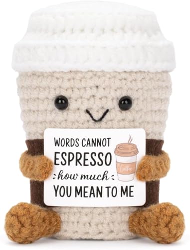 Funny Positive Coffee Emotional Crochet Doll Cute Crochet Potato Partner Toy with Positive Card Cheer Up Funny Gag Gifts for Best Friend Birthday Women Teacher Fall (Coffee)
