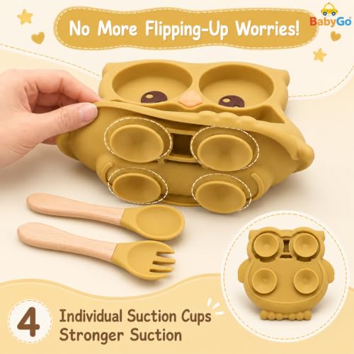 Image of BabyGo Silicone Suction Plate for Babies & Toddlers | 3-Section Owl-Shaped Feeding Set | Strong Suction Cups | BPA-Free, Microwave Safe | Self-Feeding| 1 Plate & 2 Spoons | Yellow