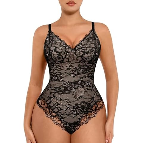 FeelinGirl Shapewear Bodysuit Women Tummy Control Lace Shapewear V Neck Backless Tank Top Thong Body Shapewear Black M Cover