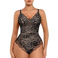 FeelinGirl Bodysuits for Women Shapewear Tummy Control Lace V-Neck Body Suits Tops Backless Body Shaper Black L
