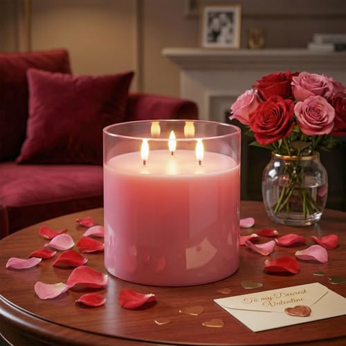 Image of Homemory 6x6 Extra Large Flameless Candle with 3 Wicks, Pink Glass LED Pillar Candle, Real Wax Battery Operated Candle with Remote and Timer, Flickering Flameless Candle Home Wedding Valentine Decor
