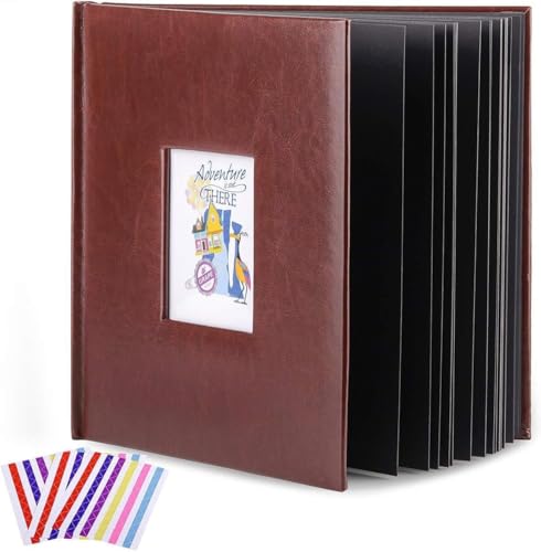 Álbum de fotos artesanal de cuero marrón para scrapbooking DIY, 10,5" x 10,5", 60 páginas, para fotos de 3x5 a 8x10, con pegamento y adhesivos decorativos miniatura 4