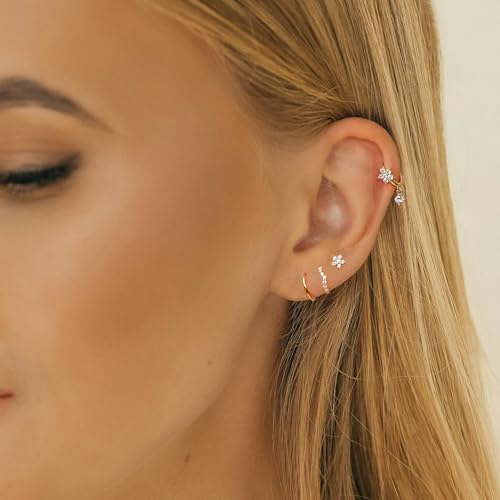 Gold Small Hoop Earrings Set for Women,14K Gold Plated Dainty Small Huggie Hoop Earrings For Women,Flat Back Stud Earrings,Gold Earrings Stack Sets For Multiple Piercing,Hypoallergenic Dangle Cartilage Earrings For Women Trendy Jewelry Gifts3
