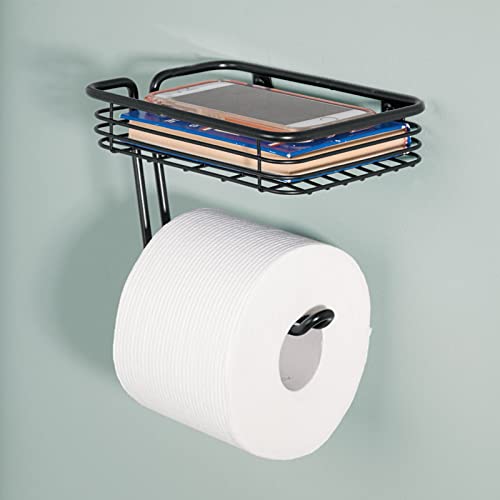 Mdesign Toilet Tissue Paper Holder And Multi-Purpose Shelf - Wall Mount Storage Organizer For Bathroom, Holds 1 Mega Rolls - Durable Metal Wire Design - Matte Black #TOP3