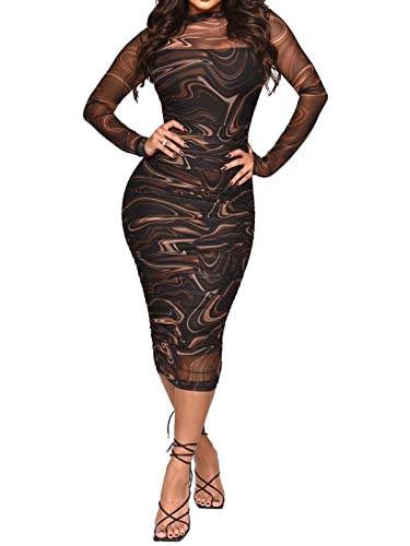 Fastkoala Women Sexy Long Sleeve Printed Sheer Mesh Bodycon Midi Dress See Through Slim Fit Party Clubwear Night Dress
