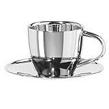 Oggi Insulated Coffee Cups 6oz - Saucer Included - Dual Wall Stainless Steel Technology Coffee or Tea Cup with Elegant Mirror Finish