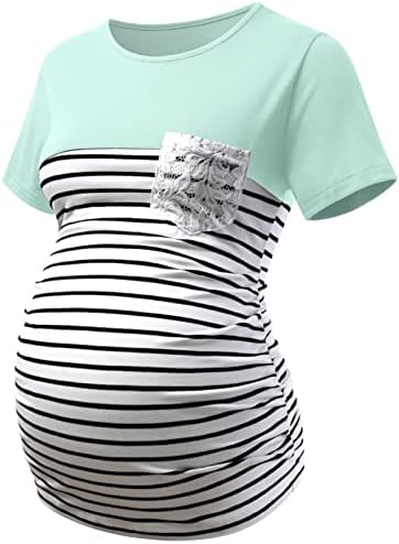 DEBELLY Maternity Tunic Tops Color Block Striped Blouse Short Sleeve Side Ruched Women Pullover Tshirt Crew Neck Shirts with Crochet Pocket,Mint Green,M