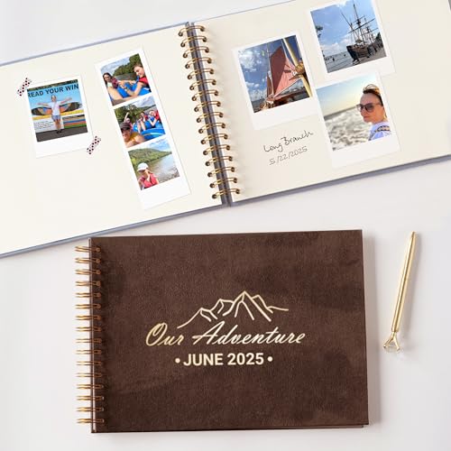 Image of Blank Guest Book with Photo Insert Personalized Spiral Scrapbook for Polaroid Pictures Custom Photo Album with Writing Space and Instax Polaroid Photo Album Scrapbook (Brown, Large - 11.7x8.3)