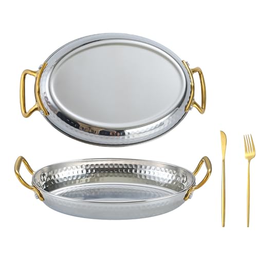 Yiustldd Sartén para Paella española, sartén Antiadherente con Asas Dobles, sartenes martilladas a Mano, Utensilios de Cocina para hogares y restaurantes,Plata,14×10×2.5cm