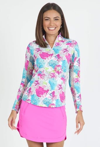 IBKUL Women’s Sun Protective UPF50+ Icefil Cooling Paddy Print Long Sleeve Mock Neck Top – 10757 Hot Pink Multi Paddy XS2