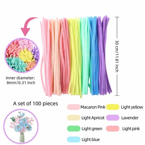 Creative Crafts Pipe Cleaners, 100-Pack Bendable Chenille Stems in 7 Pastel Colors, Dense Polyester Fluff with Iron Wire Core for DIY Projects, Floral & Decor | Fuzz-Free, Bendable, Non-Toxic
