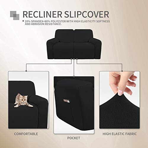 Image of Easy-Going 6 Pieces Microfiber Stretch Sectional Recliner Sofa Slipcover Soft Fitted Fleece 2 Seats Couch Cover Washable Furniture Protector with Elasticity for Kids Pet(Recliner Loveseat,Black)