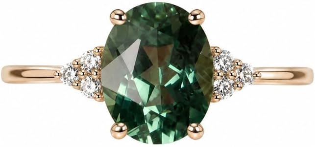 Green Sapphire Engagement Ring for Women, 2.32 Ct Oval Cut Sterling Silver Rhodium Plated Art Deco Promise Ring