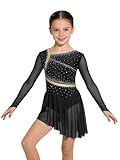Oyolan Robe Patinage Fille Enfant Ado Tenue Patinage Artistique Manches Longues Strass Justaucorps Asymétrique Robe Danse Noir 9 10 Ans