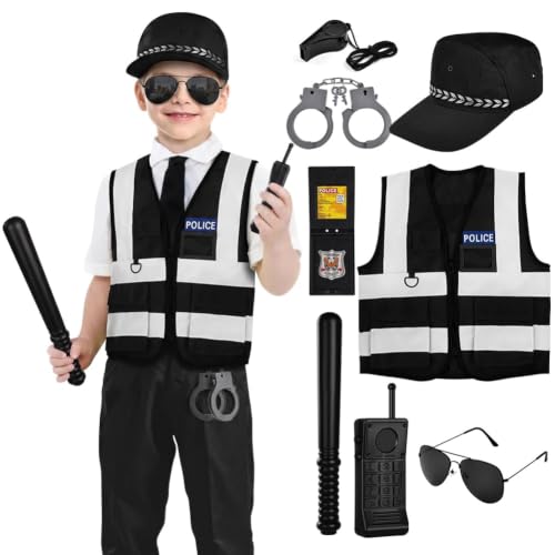 Aomig Kids Police Costumes 8 Pcs Police Officer Dress Up with Accessories Children Police Officer Costume Policeman Outfit Cospaly Cop Costume for Boys Girls World Book Day Halloween Birthdays(Black)