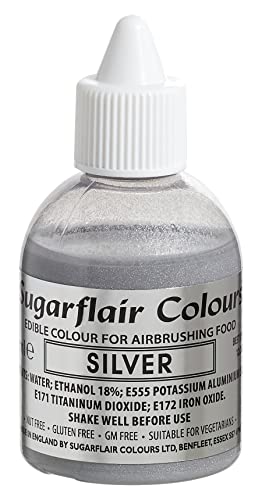 Sugarflair Silver Metallic Glitter Edible Airbrush Colour - Edible Food Colouring Airbrush Paint for Cakes, Cupcakes, Icing and Cake Decorations - 60ml