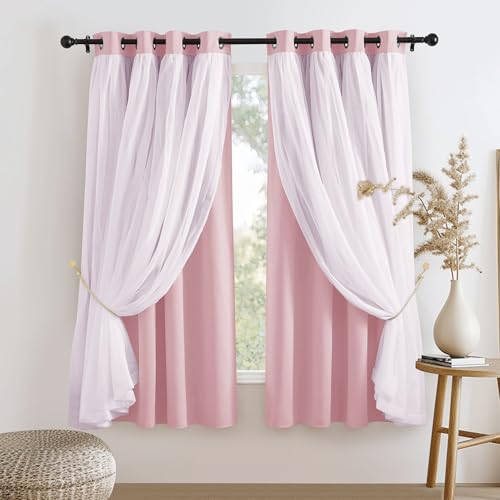 PONY DANCE Short Pink Curtains - Light Block Drapes with Sheer Layer Mix & Match Voile Drapes Decoration for Baby Girls Bedroom, 52 W x 63 L, Light Pink, 2 PCs