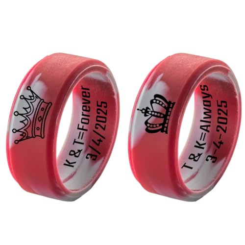 Personalized Couple Silicone Rings Husband Wife Matching Rubber Rings King & Queen Promise Wedding Bands Love Jewelry Gift for Couples (Choose Colors), Size 5-13