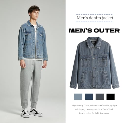 Image of Denim Jacket Men Vintage Autumn and Winter Tops Mens Denim Trucker Jacket
