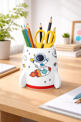 Image of AccuPrints Sumiko Sumiko Cute Astronaut Pen Pencil Holder, Pen Stand for Office Desk Organizer, Creative Pen Cup Organizer for Kids, Desk, School Classroom, Office (White)