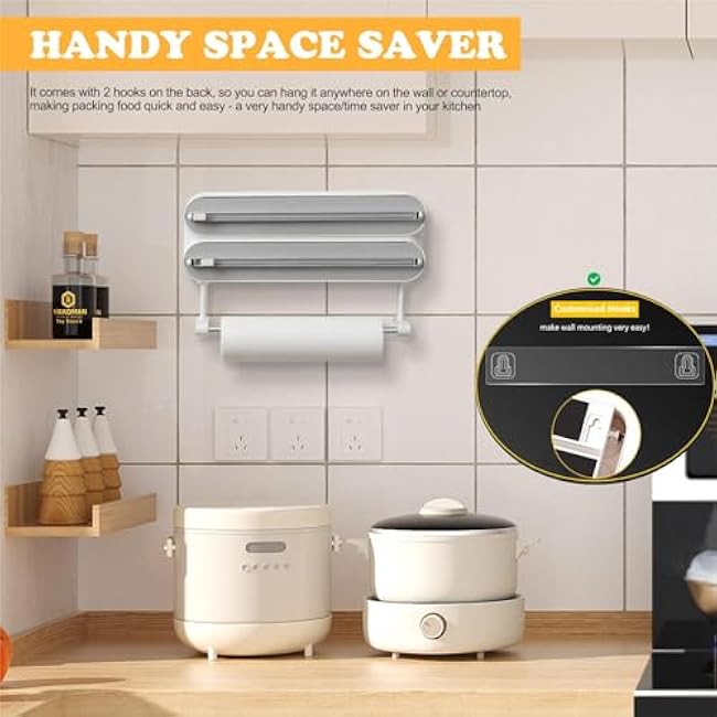 Magnetic Plastic Wrap Dispenser with Cutter - Refillable Aluminum Tin Foil and Plastic Wrap Organizer for Kitchen, Quasziwa Upgraded 3 in 1 Paper Towel Holder Wall Mount - Fits 12 Roll, White