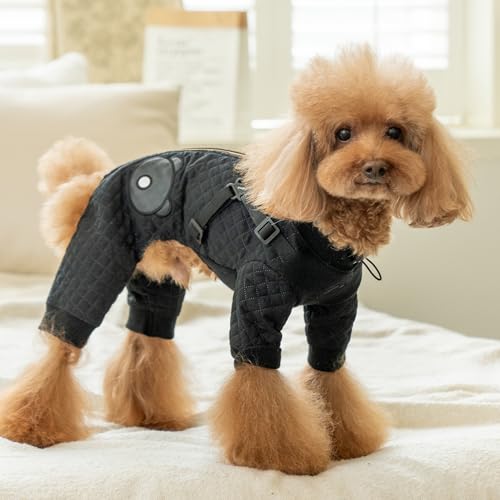 Puppia Quilo Warmer süßer Winteroverall mit integriertem Geschirr für kleine und mittelgroße Hunde, Schwarz, Größe S