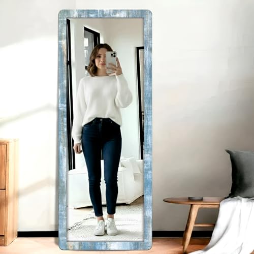 Image of Creative Arts n Frames 15x51 inch Ocena Blue Color Long MDF Wood Wall Hanging Mount HD Mirror Home Decor Items Living Room Bathroom Bedroom Hotel Office (Rustic Blue Color Framed HD Mirror)