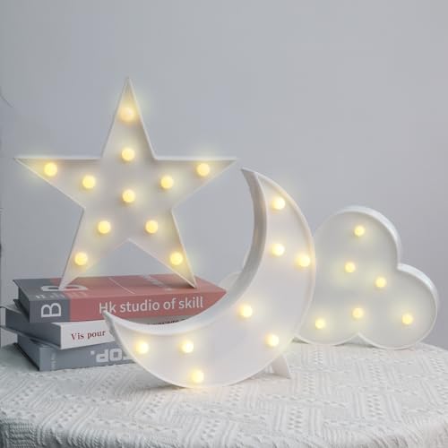3Pcs Star Moon Clouds Night Light Cute Table top Star Night Lights for Home Decoration Wall Ornament Hanging Party Supplies Night Lights for Wall Decorations Birthday Party Girl Room