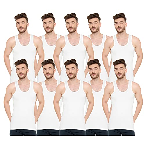 Image of Men's 100% Pure Cotton Sleeveless Round Neck Vest - Modern White Baniyan, Pack of 2 /3 /5 /10