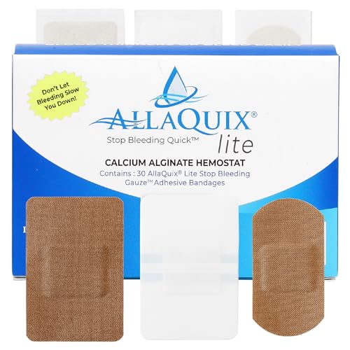 Stop Bleeding Fast – AllaQuix Lite Hemostatic Gauze Pads – Calcium Alginate Wound Dressing – Adhesive Bandages in 3 Assorted Sizes – Sterile, Quick Clotting, Nonstick – First Aid – 30 Count