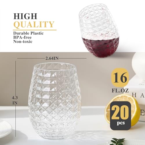 Image of Lueumxc 20 Pack Plastic Wine Glasses, 16Oz Disposable Wine Glasses Unbreakable Clear Plastic Cocktail Glasses Recyclable Shatterproof Reusable Wine Cups