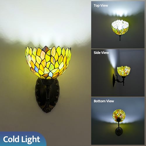 Image of Tiffany Wall Sconce Hand-Weld Stained Glass Bedside Lamp with Classic 8 Inches Wisteria Green Lampshade for Bedroom Hallway Living Room Home Office