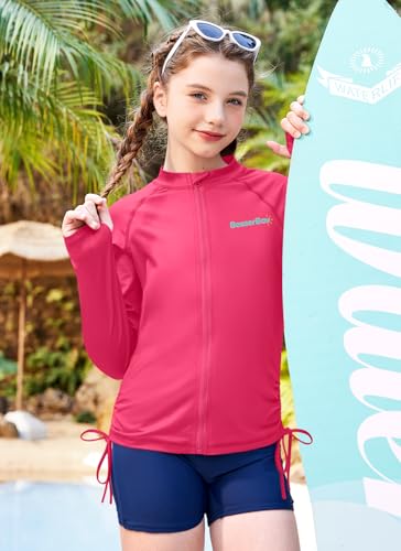 Image of BesserBay Girls Rash Guard UPF 50+ Zip Up Raglan Long Sleeve Adjustable Drawstring Swim UV Jacket 4-14 Years