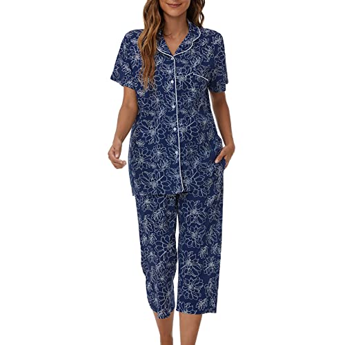 Image of Tugege Capri Pajamas Set Womens Button Down Short Sleeve Lounge Sets Sleepwear Notch Collar Top & Capri 2 Piece PJ Sets
