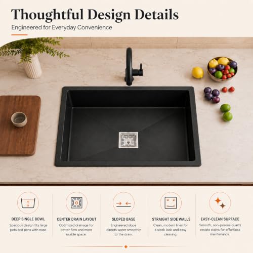 Image of TrueSink Quartz Kitchen Sink 16x18X9 Inches Black | Sound Proof, Heat & Scratch Resistant and Easy to Clean Single Bowl Granite Kitchen Sink /Basin with Waste Coupling & Pipe | Sink for Kitchen Black