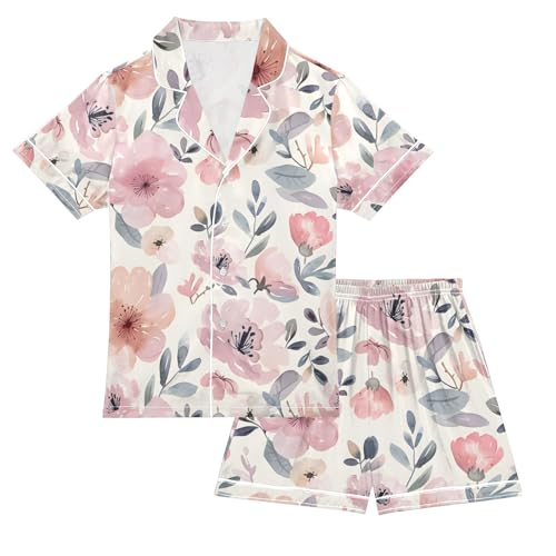 ALAZA Sweet Flower Watercolor Leaves Pajamas Satin Pajama Set Short Sleeve Button Down Sleepwear