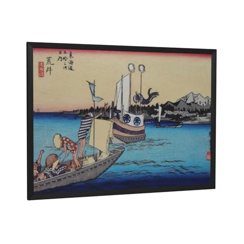 歌川広重 浮世絵 《東海道五拾三次之内 荒井:渡舟ノ図》ポスター 部屋飾り キャンバスウォールアート 印刷 版画 壁飾り 壁の絵 壁掛け ソファの背景絵画 40x30cm ブラックフレーム付き