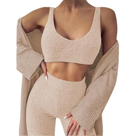 A ADILACA 3 Piece Pajama Set For Women, 3 Piece Fuzzy Lounge Sets For Women, Fleece 3 Piece Fuzzy Lounge Set, 3 Piece Pajama Set For Women Sexy, 3 Piece Fuzzy Set (Khaki, 2XL) Cover