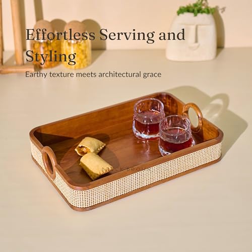 Image of Brick Brown Premium Wooden Tresso Serving Tray with Cane Weaving | Walnut Finish Tea & Breakfast Tray with Handles | Luxury Decorative Organizer for Kitchen, Dining, Coffee Table, Office 15x10 Inch
