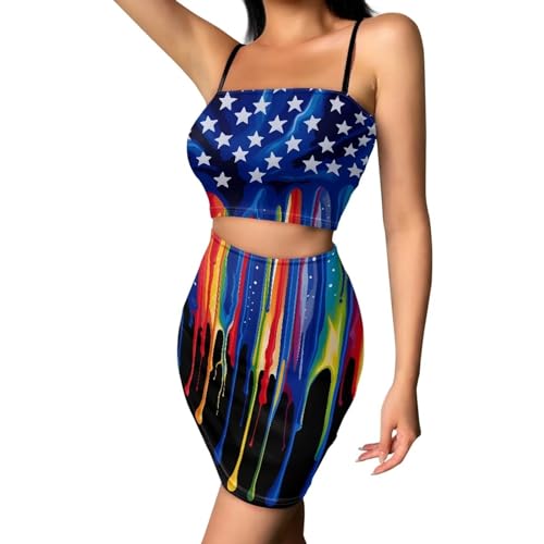 Image of Biyejit Women's 2 Piece Summer Outfits Spaghetti Strap Crop Tops and Bodycon Mini Skirt Dress Set Plus Size S-4XL