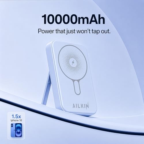 Image of AILKIN 10000mAh Power Bank with MagSafe Wireless Charging | Built-in Lightning & Type-C Cables | 22.5W Fast Charging | Kickstand | Slim Portable Charger for iPhone 15 /14 /13 /12 & Android