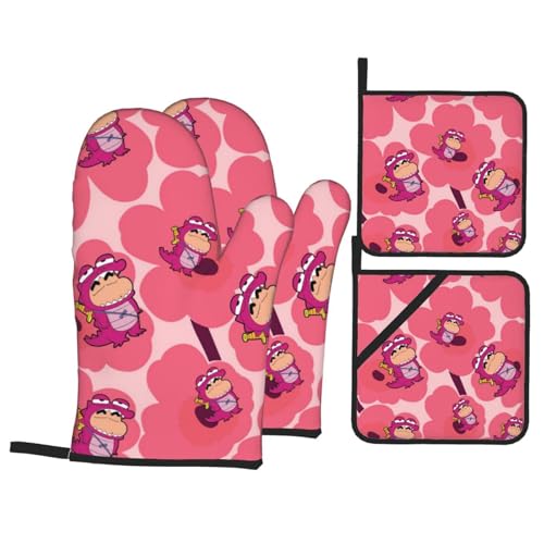 しんちゃん 花柄 ピンク 【4点セット】鍋つかみ ミトン オーブンミトン 鍋敷き 耐熱鍋つかみ 耐熱ミトン 耐熱グローブ やけど防止 アウトドア用 業務用 クッキング用 左右兼用 男女兼用 アニメ キャラクター