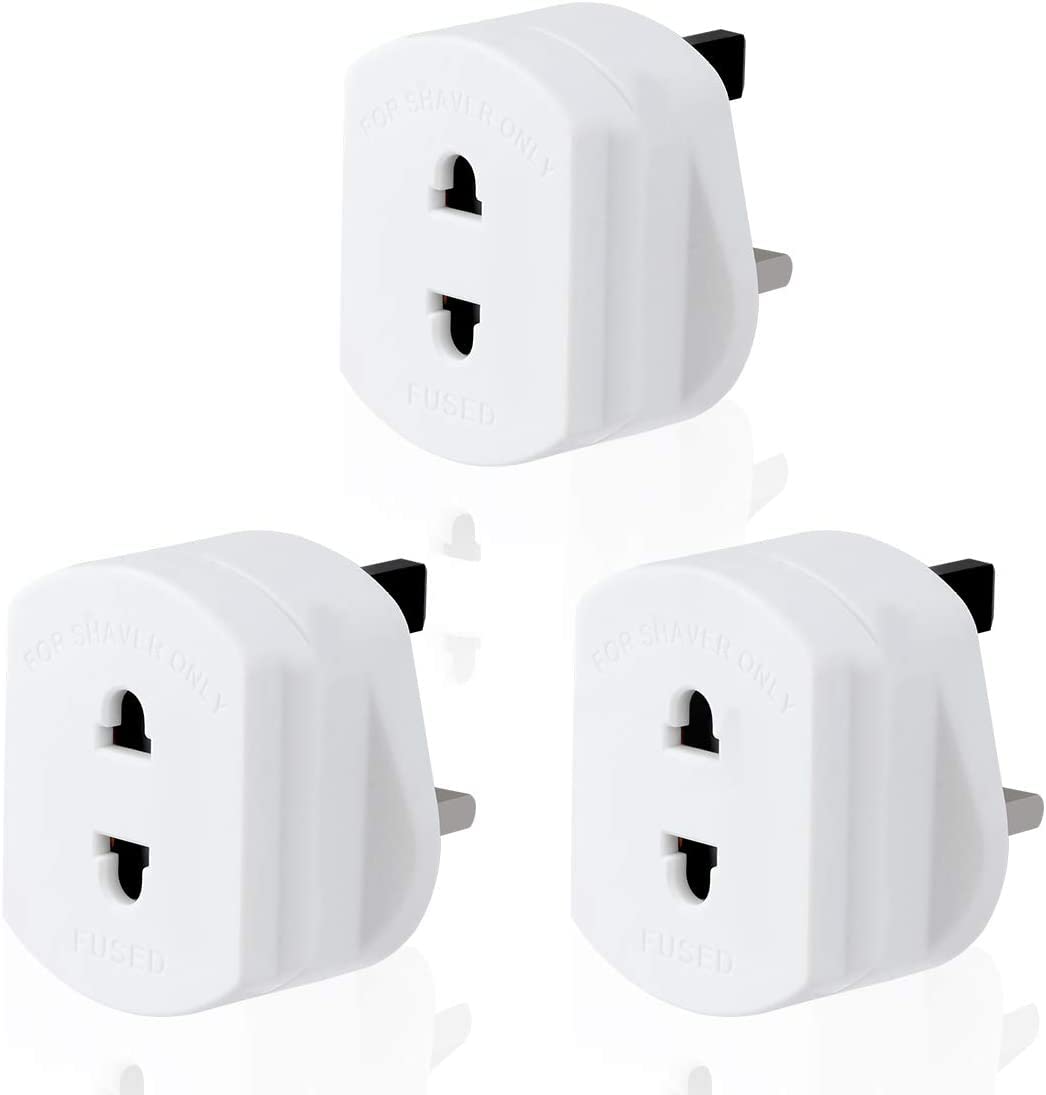 3 Pack Toothbrush/Shaver Plug Adaptor UK Charger, White 2 Pin US/EU To 3 Pin UK Fused Plug Socket, 1A Electric 2 to 3 Prong Converter, Electrical Charging Travel Adapters for Shaving/Razor
