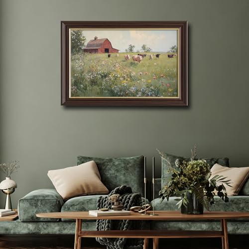 Image of Framed Vintage Cow Farm Canvas Art, Red Barn Meadow Cattle Oil Painting Canvas Prints Pictures, Rustic Farmhouse Wall Decor for Living Room Bedroom Farmhouse Home