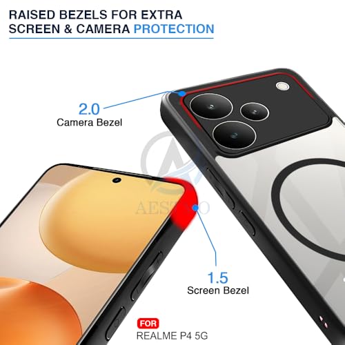Image of AESTMO Realme P4 5G Back Cover | 360 Protection | Crystal Clear Hard Back Transparent | Compatible with MagSafe Accessories (PC+TPU, Black Bumper)