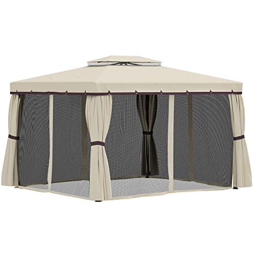 Outsunny Toile de Rechange pour pavillon tonnelle Tente 389 x 290 cm Polyester Haute densité - 4 Rideaux et 4 moustiquaires - Beige