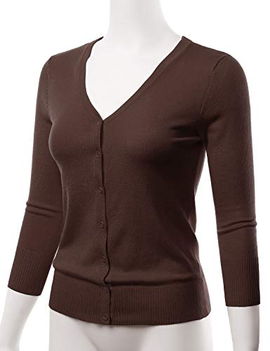 EIMIN Women's 3/4 Sleeve V-Neck Button Down Stretch Knit Cardigan Sweater Brown 1XL